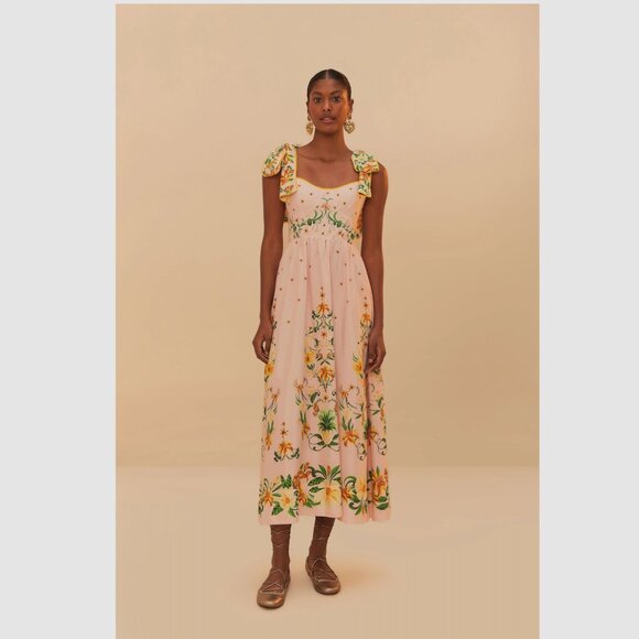FARM Rio Pink Botanical Beauty Shoulder Bow Midi Dress NWT - Picture 1 of 14